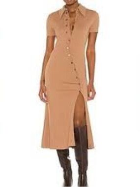 Song of Style Camel Button-Front Midi Dress